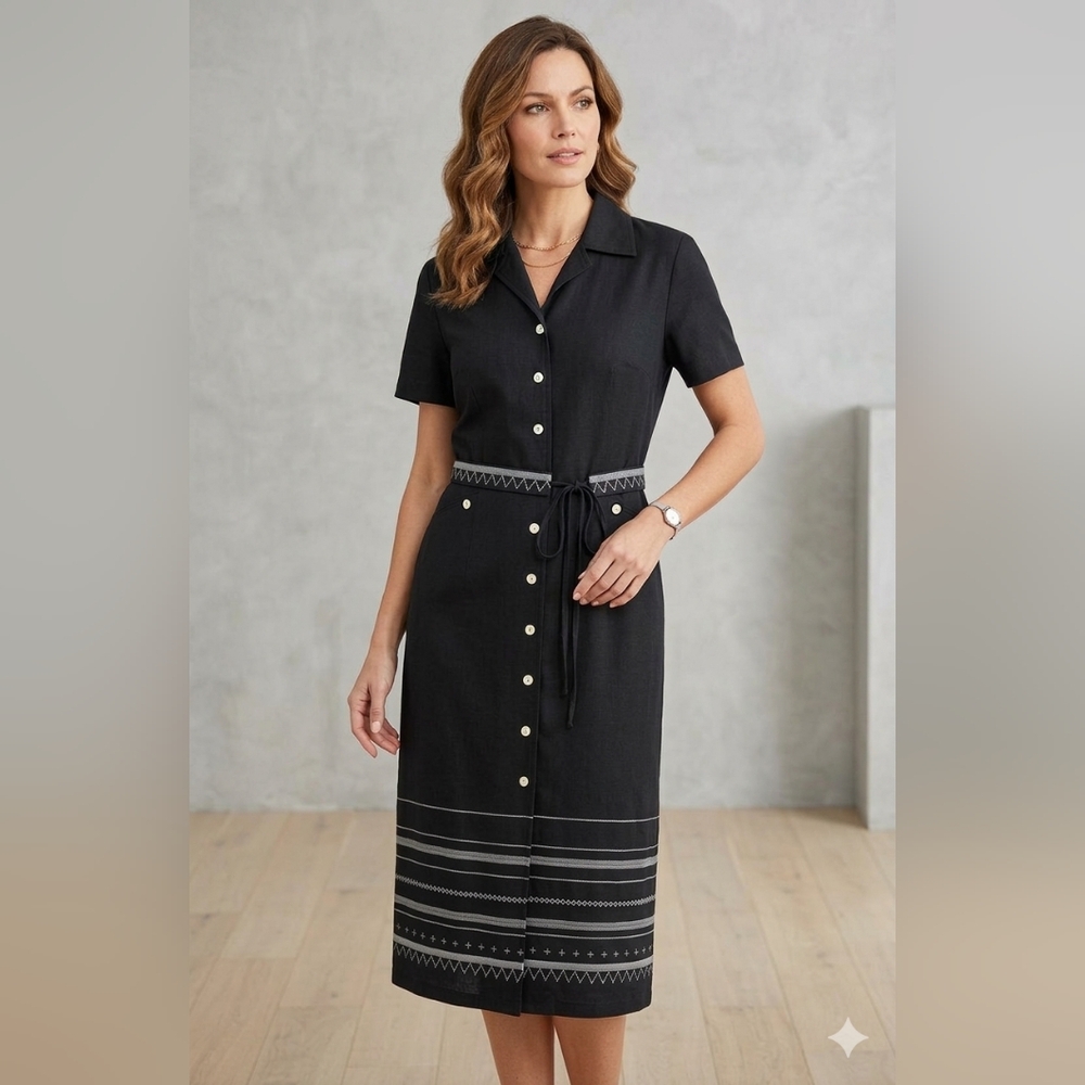 Positive Attitude XL Black and White Linen/ Rayon Midi Shirt Dress Vintage